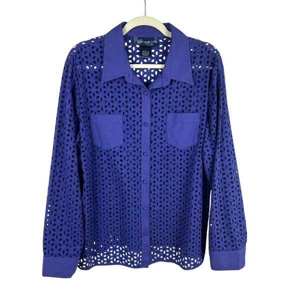Susan Graver QVC Eyelet Button Front Shirt Women Large Purple Long Sleeve Cotton - Picture 1 of 5